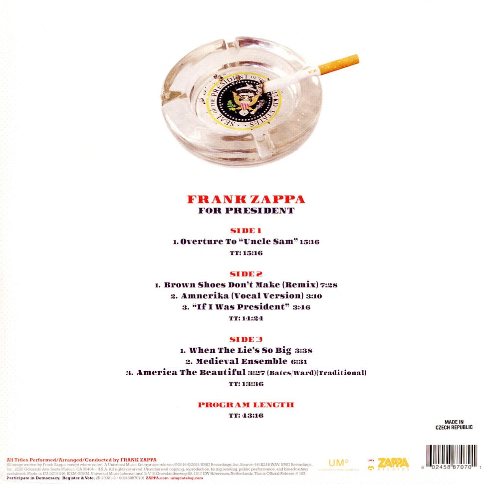 Frank Zappa Zappa For President Record Store Day 2024 Red & Blue Splatter Vinyl Edition